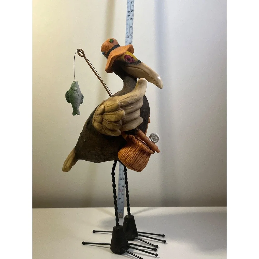 Whimsical Fisherman Crow Figurine with Spring To Bobble Resin Sculpture
